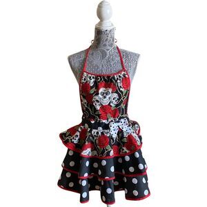 Handmade Skeleton Rose Polka Dot Ruffled Apron